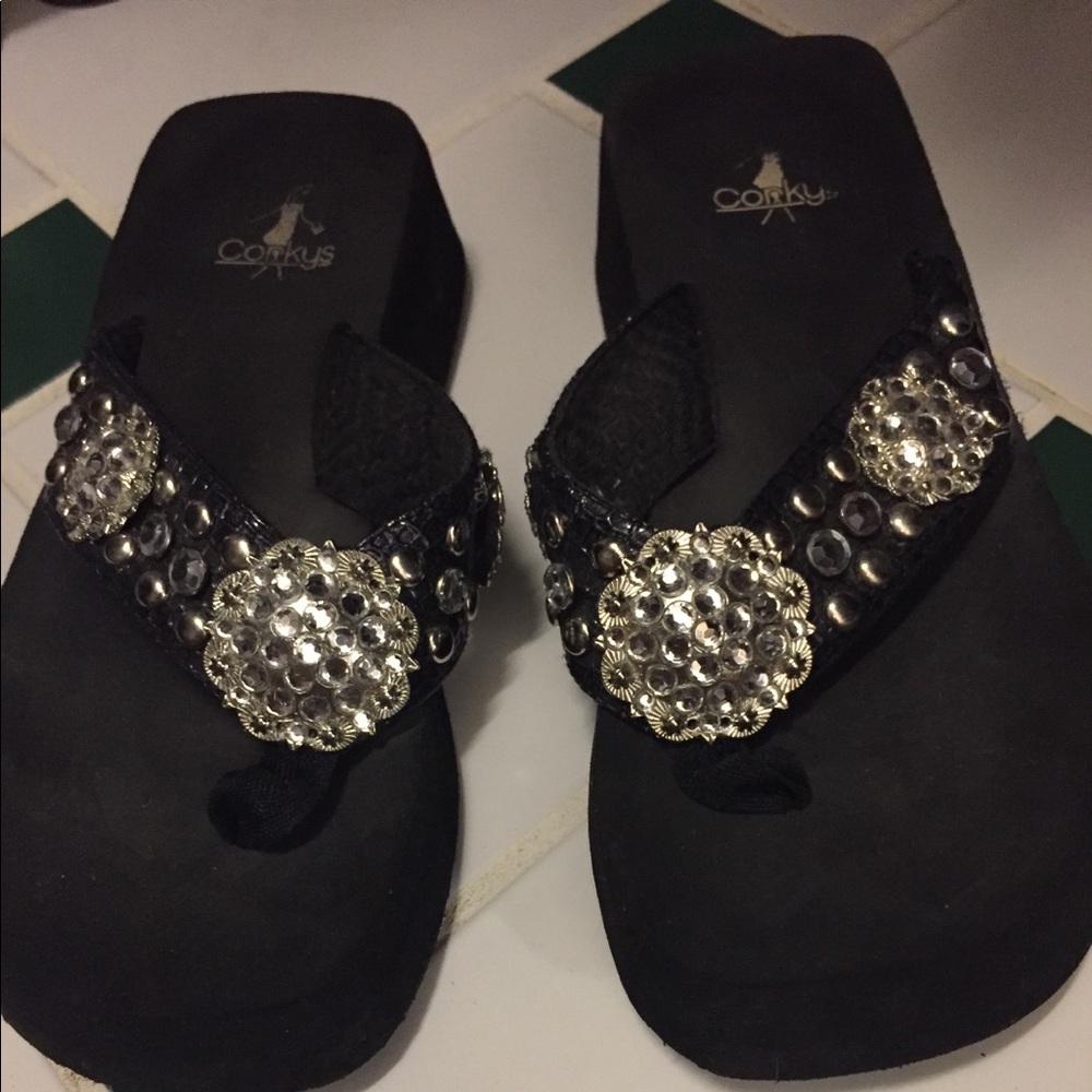 Corky’s black flip flop with rhinestones